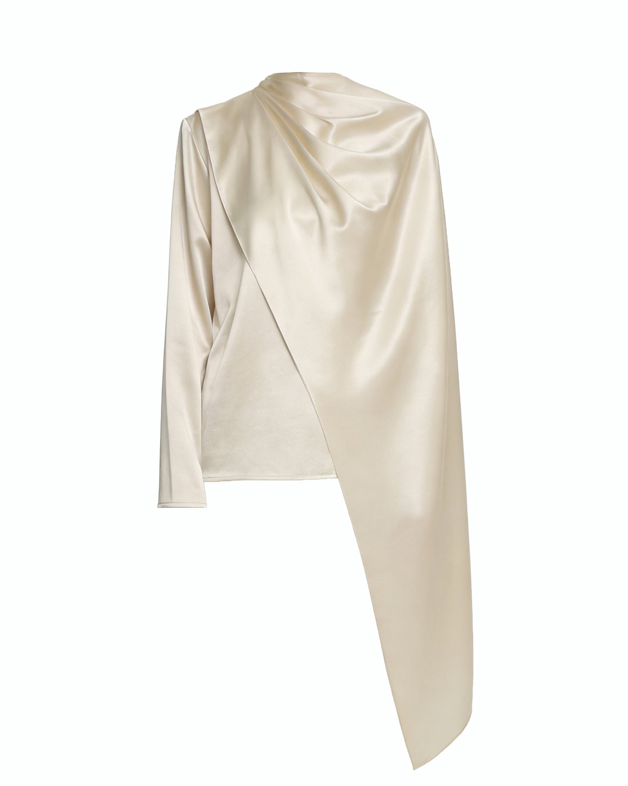 Asymmetrisches Cape-Oberteil mit hohem Kragen und Drapierung - Creme