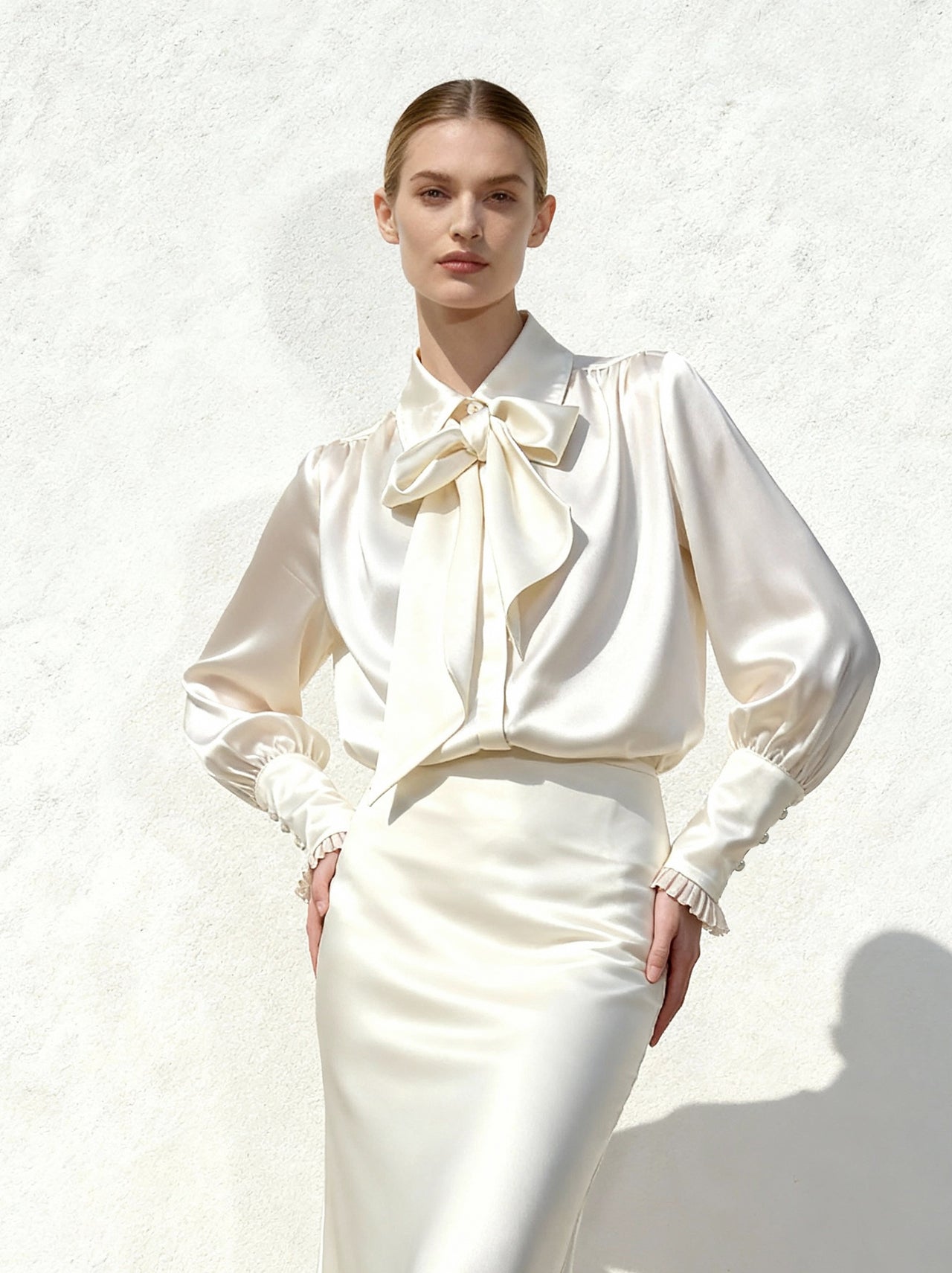 Bluse mit Bindeband und Ballonärmeln – Weiß