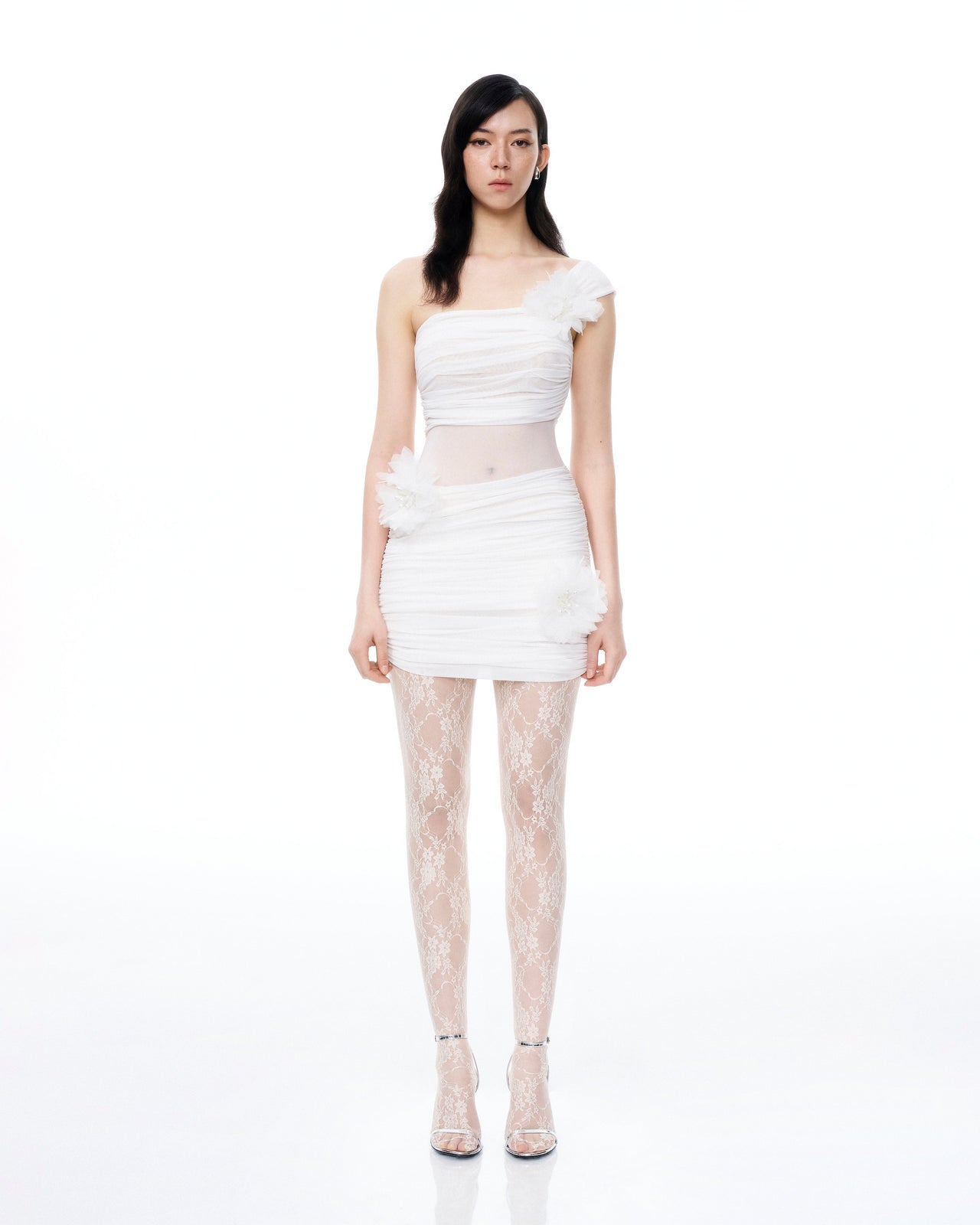 Isidore 3D-Blumen-Falten-Minikleid – Weiß