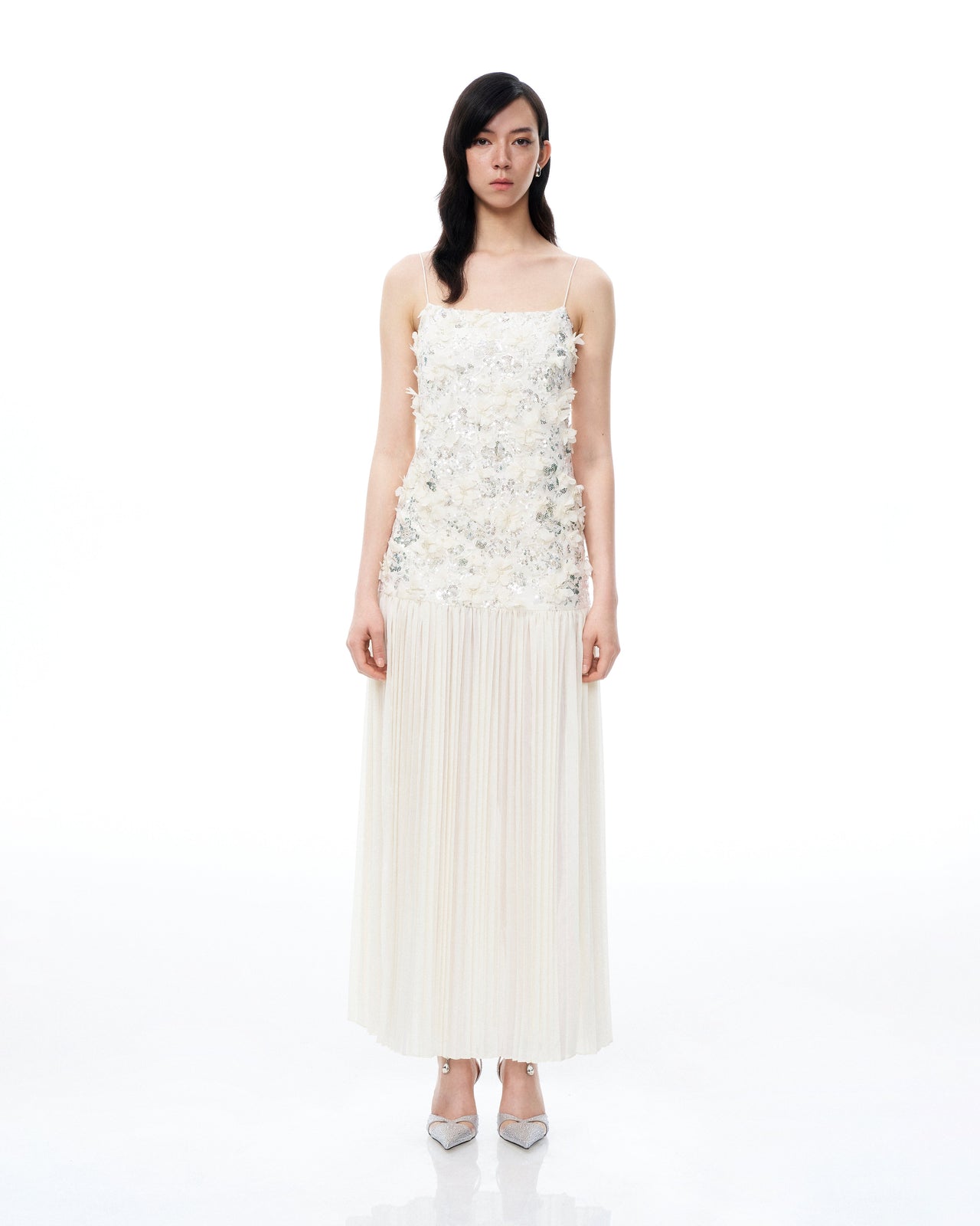 Galadriel 3D-Blumen-Pailletten-Maxikleid – Weiß
