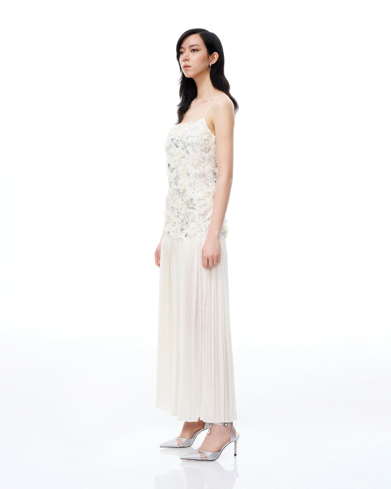 Galadriel 3D-Blumen-Pailletten-Maxikleid – Weiß