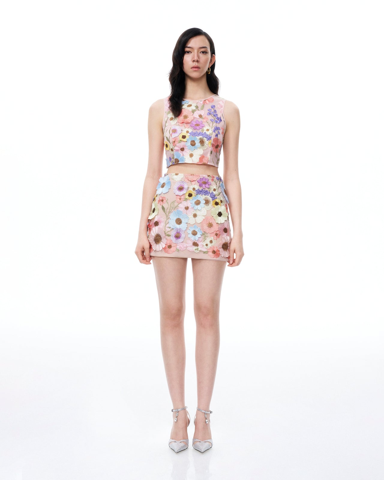 Valentino 3D-Blumenstickerei-Kleid-Set – Pastellfarben Mehrfarbig