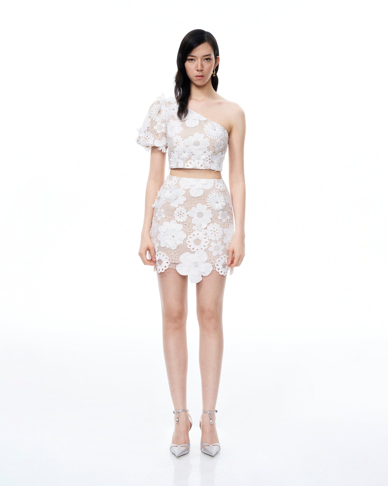 Ophelia Ein-Schulter Besticktes Spitzenkleid – Weiß