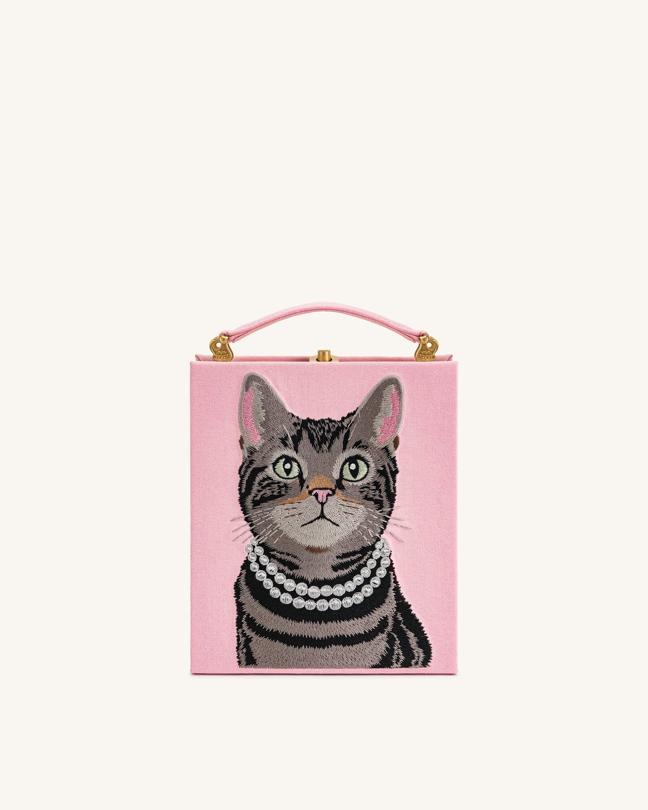 Taya Buchförmige Clutch mit Tabbykatzen-Muster – Rosa