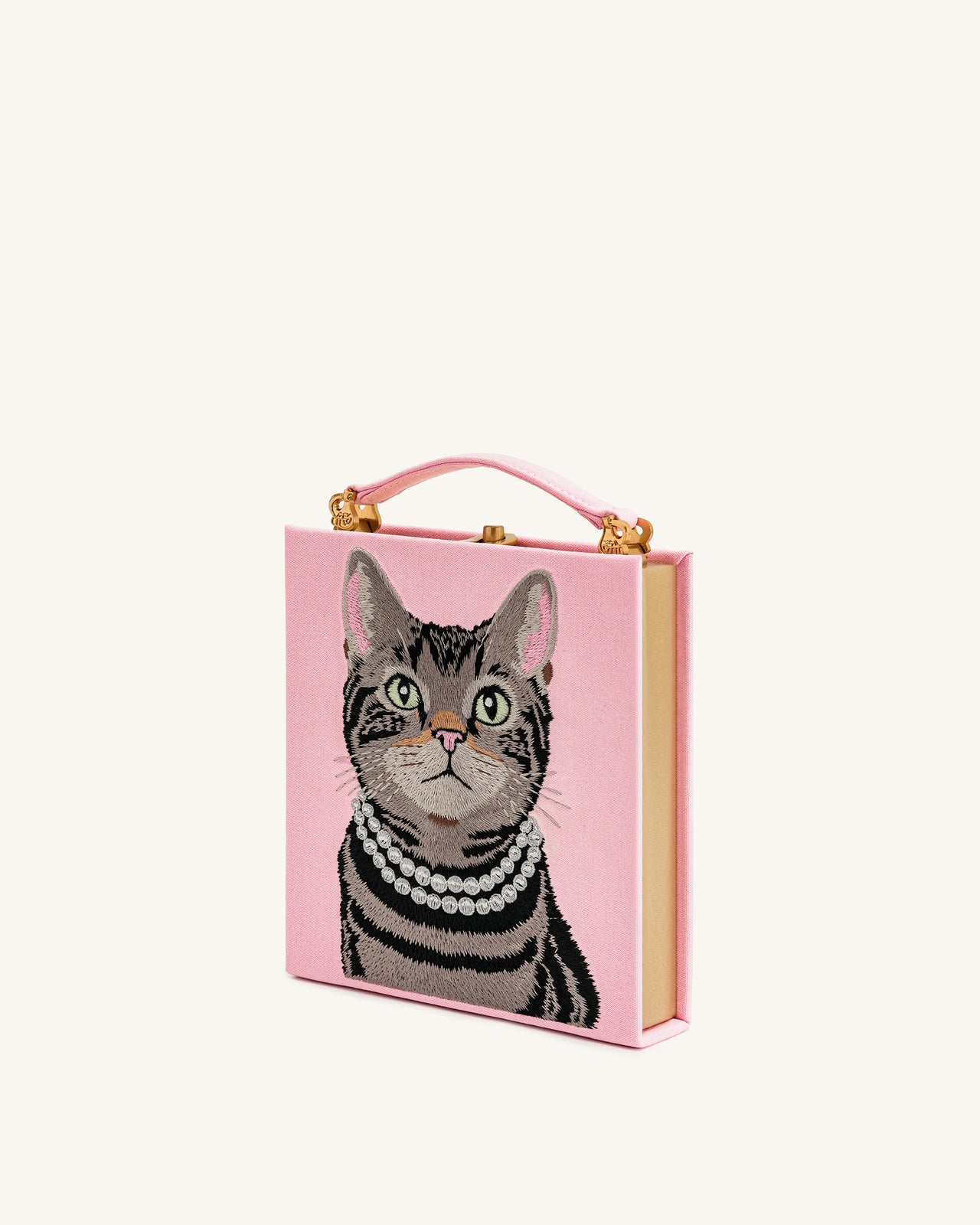 Taya Buchförmige Clutch mit Tabbykatzen-Muster – Rosa