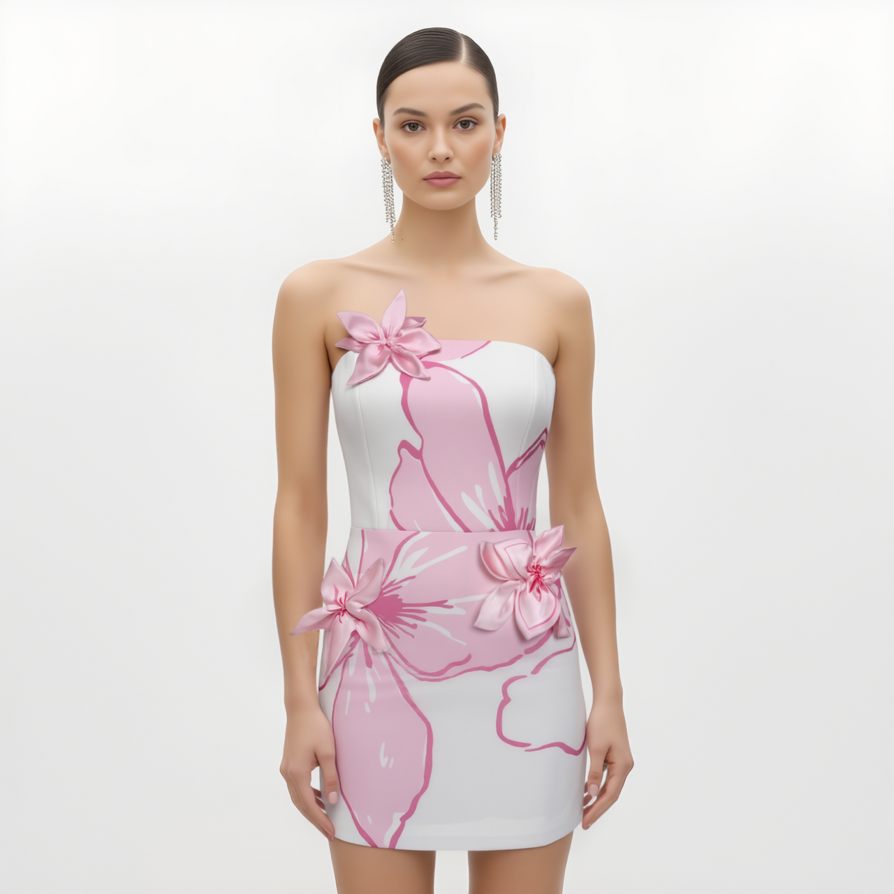 Minikleid mit rosa Blumenapplikationen – Weiß/Rosa