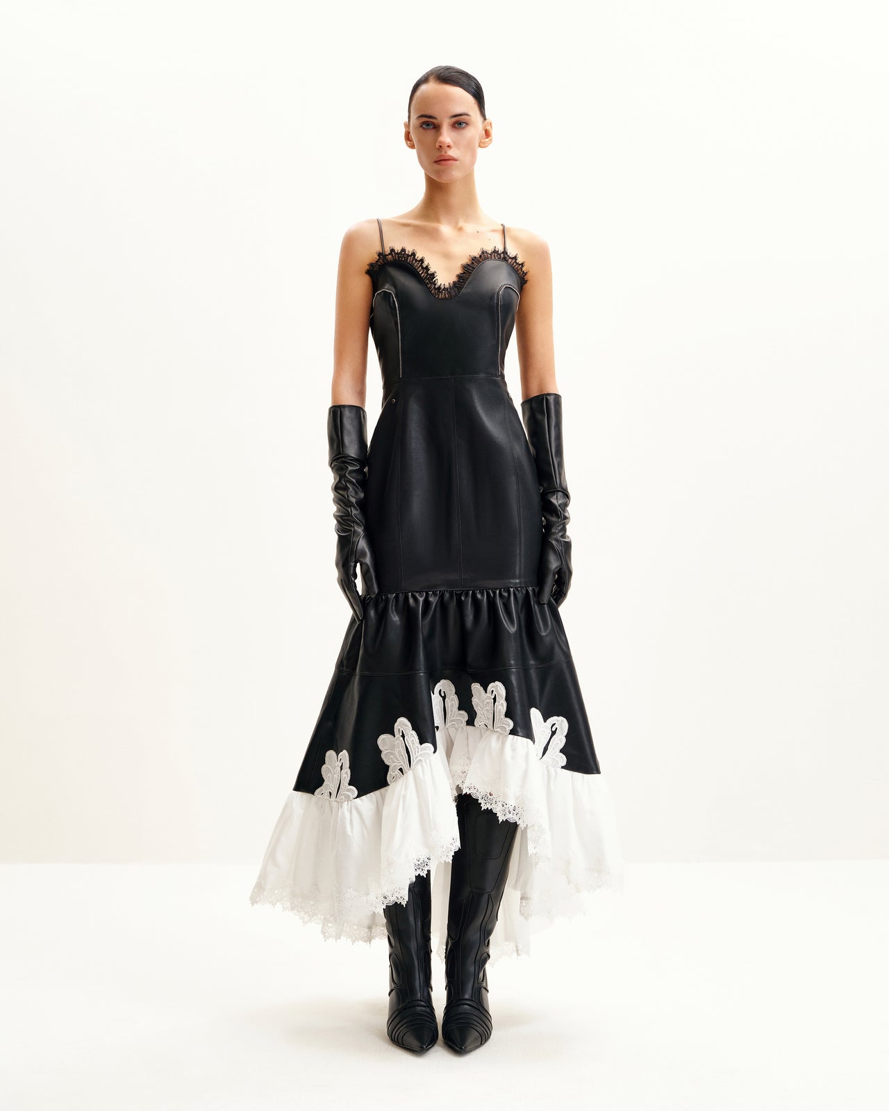 Zora Lederkleid mit Spitzenbesatz - Schwarz