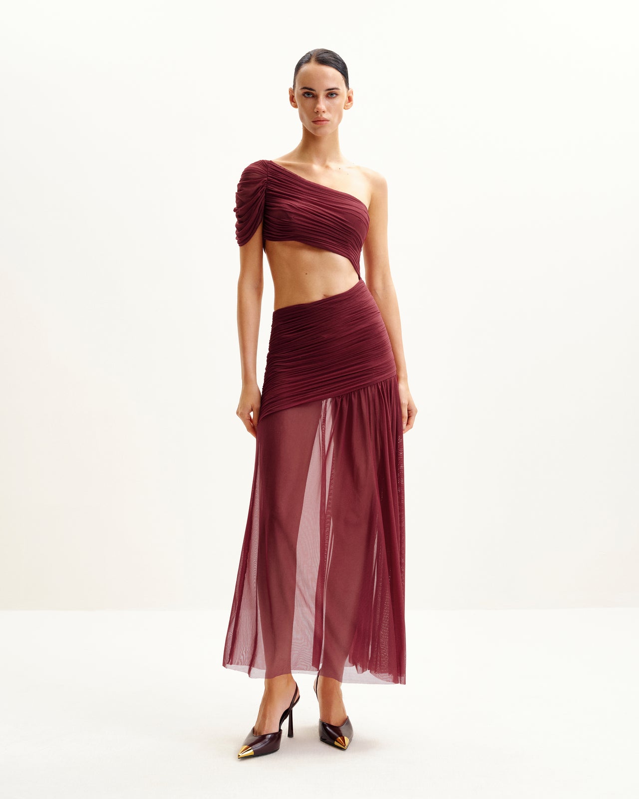 Mia Plissiertes Meshkleid - Burgunderrot