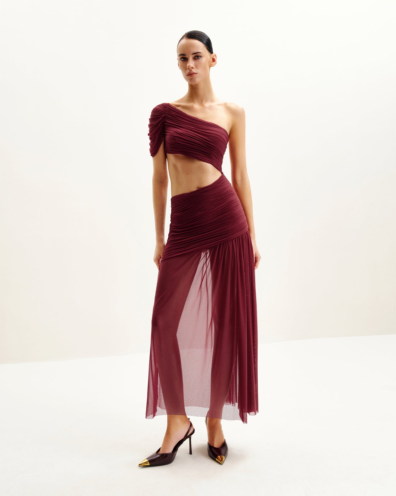 Mia Plissiertes Meshkleid - Burgunderrot
