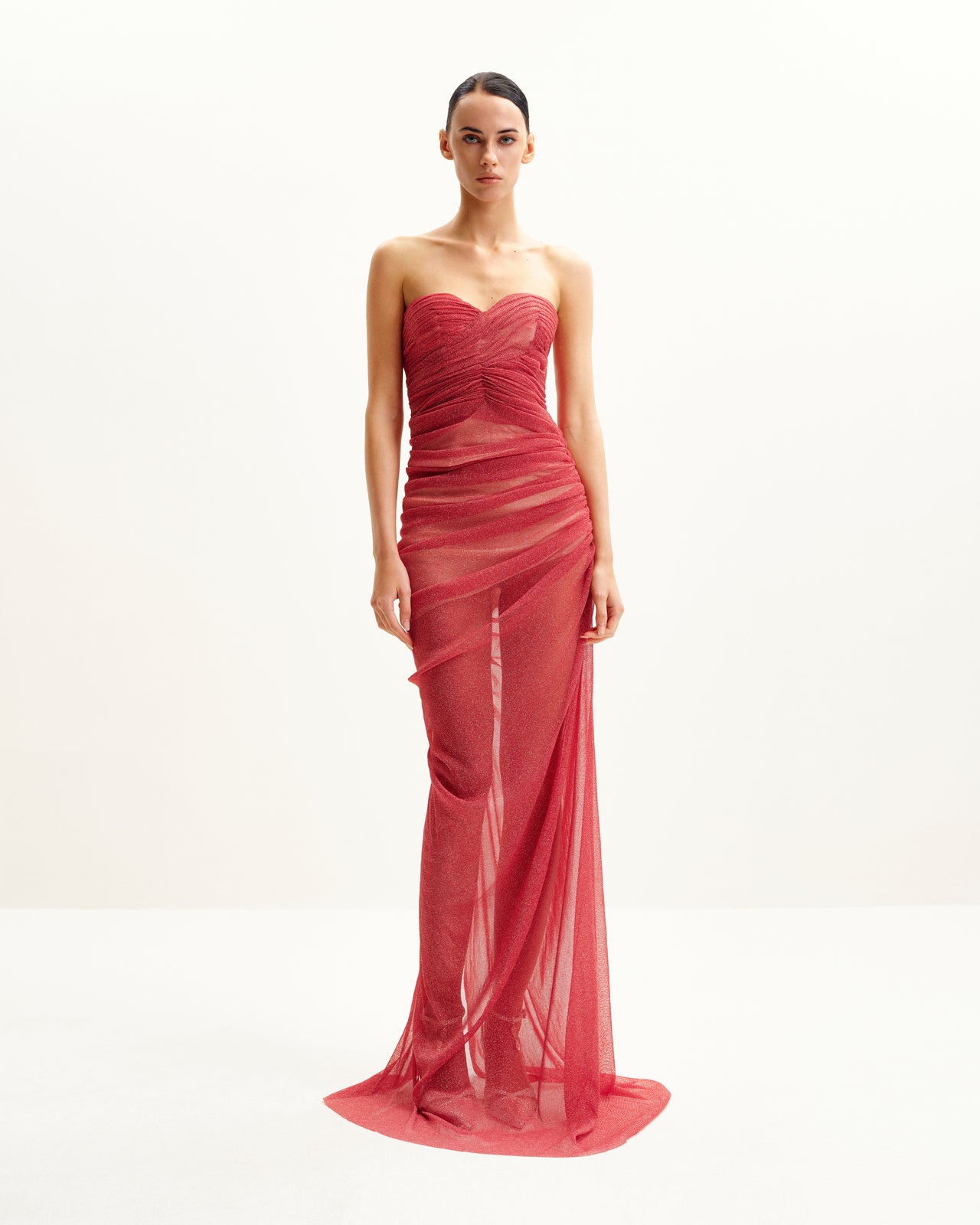 Mia Trägerloses Transparente Glitzerkleid - Scharlachrot