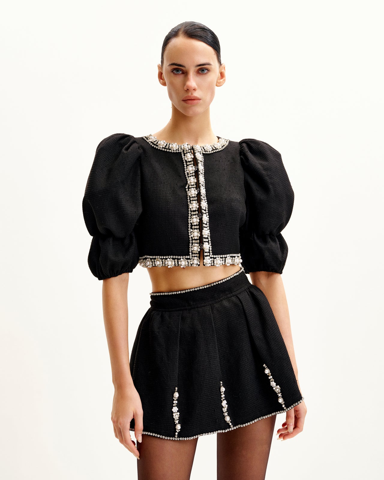 Perlenverzierte Tweed-Set - Schwarz