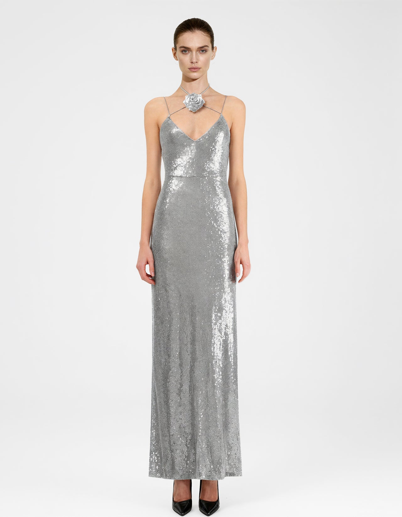 Heisey Silbernes Pailletten-Rosetten-Maxikleid - Silber