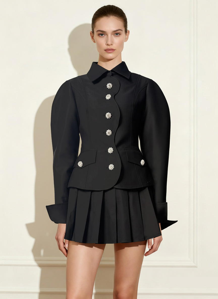 Keulenärmel-Blazer mit wellenförmiger Knopfleiste - Schwarz