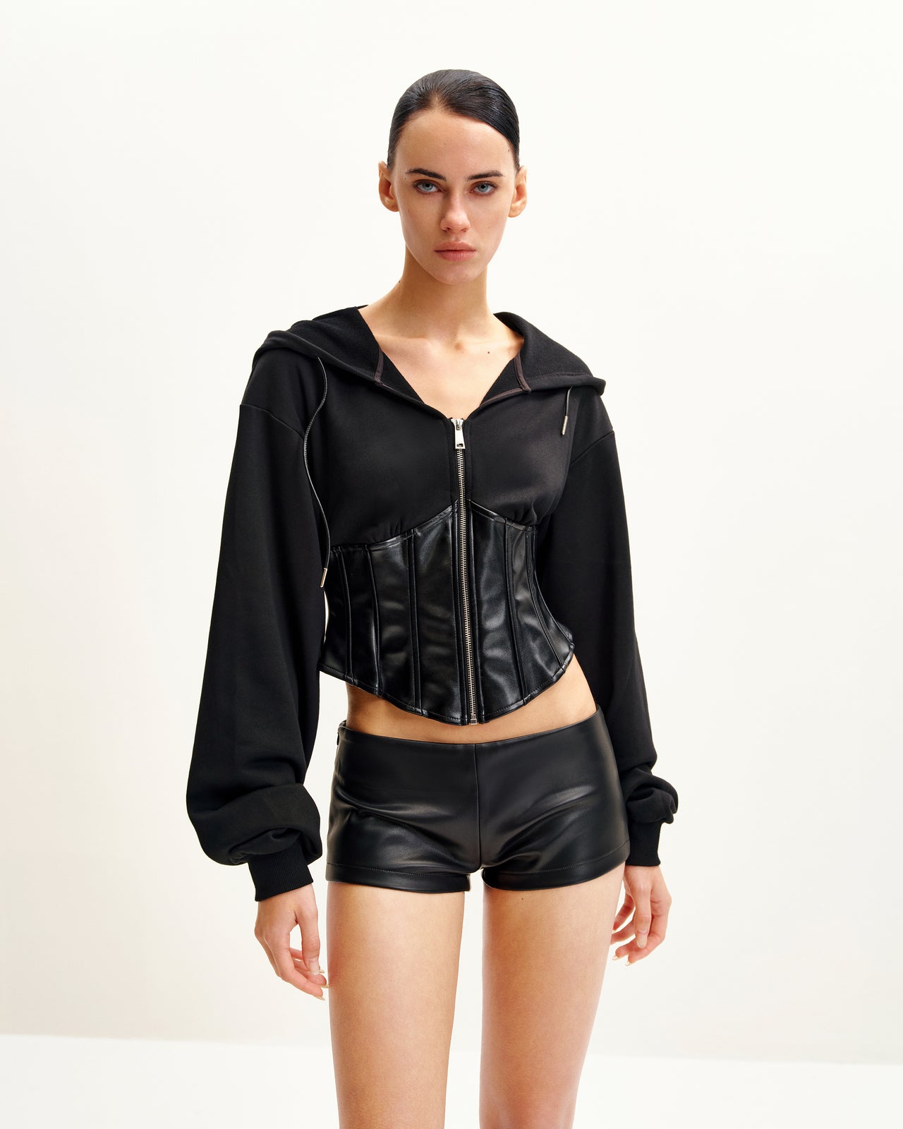 Valentina Strukturierter Korsett-Hoodie - Schwarz