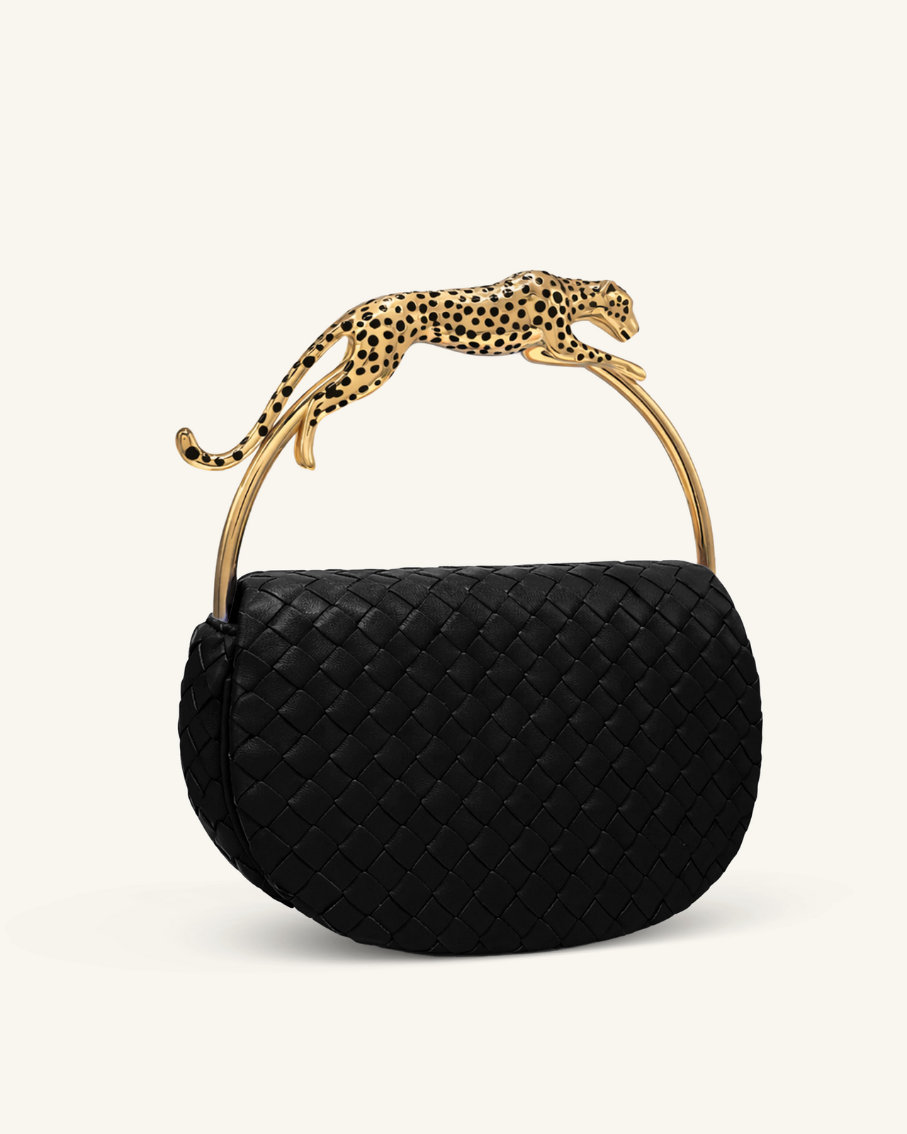 Ione Geflochtene Henkeltasche mit Leopardenform-Hardware-Griff - Schwarz