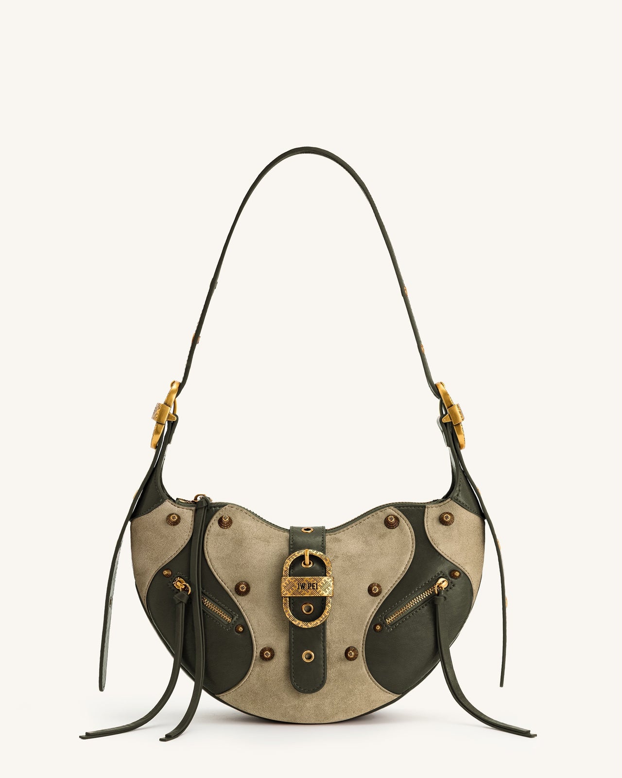 Tessa Schultertasche aus Kunstwildleder mit Nieten – Khaki Grün