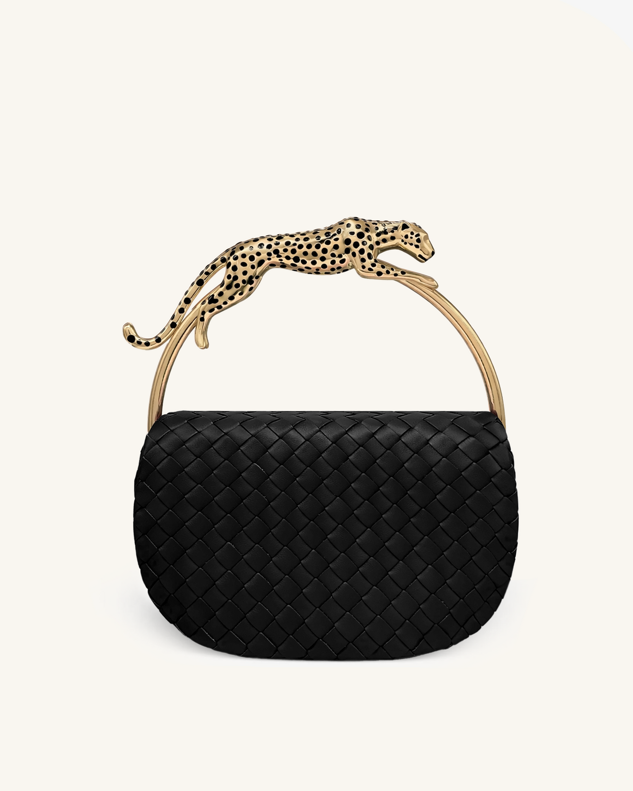 Ione Geflochtene Henkeltasche mit Leopardenform-Hardware-Griff - Schwarz