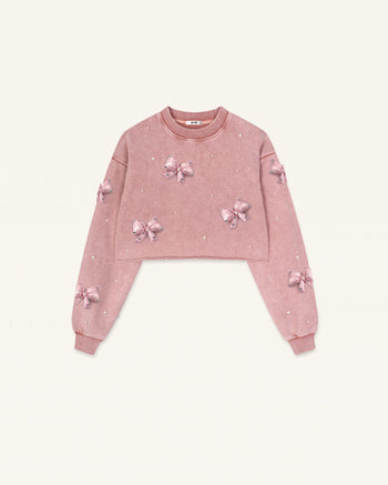 Coquette 3D-Satin-Schleifen-Sweatshirt mit Perlen - Vintage-Rosa