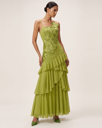 One-Shoulder-Maxikleid mit Orchideen-Stickerei und Rüschen - Olivgrün