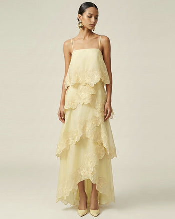 Mehrlagiges Maxikleid mit Orchideenstickerei - Hellgelb