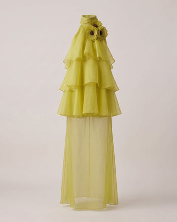 Poppy Besticktes Neckholder-Stufen-Maxikleid mit Rüschen - Limettengrün