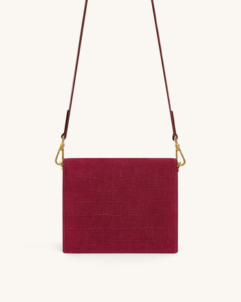 Mini-Klappen-Crossbody aus Kunstvelours mit Kroko-Prägung - Burgund