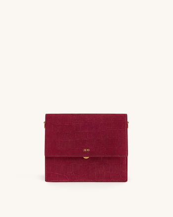 Mini-Klappen-Crossbody aus Kunstvelours mit Kroko-Prägung - Burgund