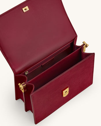 Mini-Klappen-Crossbody aus Kunstvelours mit Kroko-Prägung - Burgund