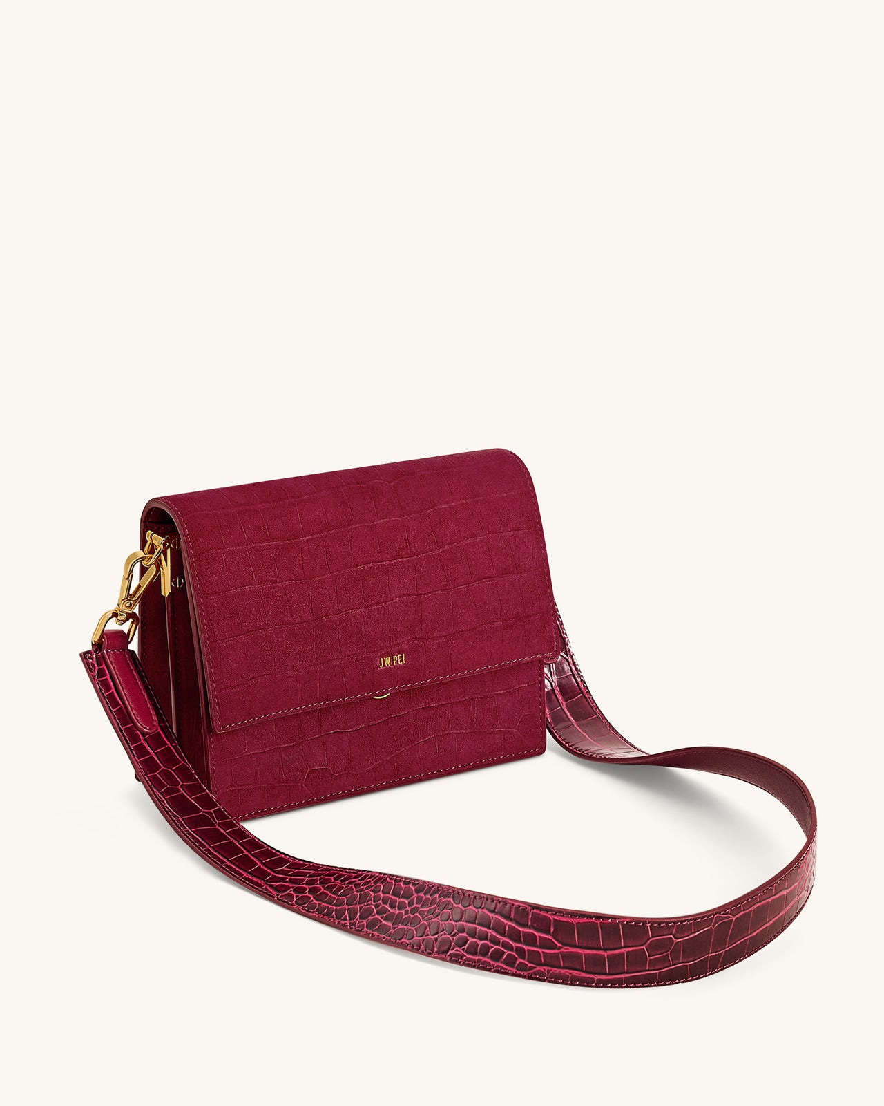 Mini-Klappen-Crossbody aus Kunstvelours mit Kroko-Prägung - Burgund
