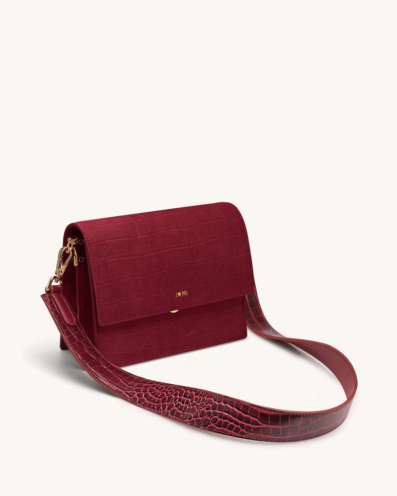 Mini-Klappen-Crossbody aus Kunstvelours mit Kroko-Prägung - Burgund