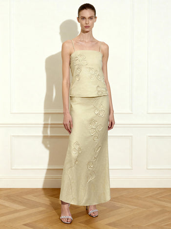 Leinen-Trägertop mit Kordelstickerei - Natur