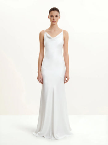 Satin Maxikleid mit Wasserfallausschnitt und Rückenschleife - Weiß