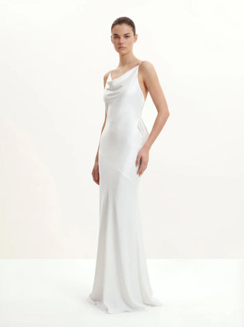 Satin Maxikleid mit Wasserfallausschnitt und Rückenschleife - Weiß