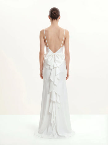 Satin Maxikleid mit Wasserfallausschnitt und Rückenschleife - Weiß
