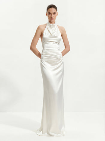 Satin Gerafftes Maxikleid mit Wasserfallausschnitt - Weiß