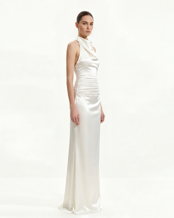 Satin Gerafftes Maxikleid mit Wasserfallausschnitt - Weiß