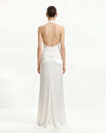 Satin Gerafftes Maxikleid mit Wasserfallausschnitt - Weiß
