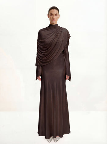 Transparenter Schal Gerafftes Figurbetontes Maxikleid - Braun