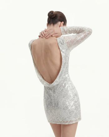 Langarm-Minikleid mit diagonalen Pailletten und offenem Rücken - Weiß