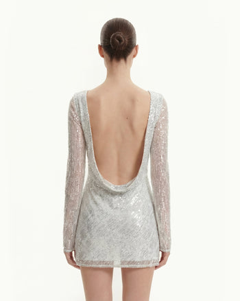 Langarm-Minikleid mit diagonalen Pailletten und offenem Rücken - Weiß