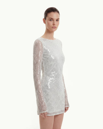 Langarm-Minikleid mit diagonalen Pailletten und offenem Rücken - Weiß