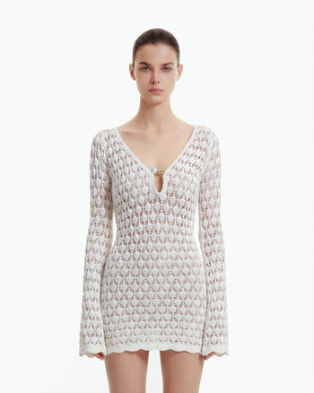 Pointelle Knit Minikleid mit Schlüsselloch - Weiß