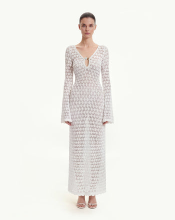 Pointelle Knit Maxikleid mit Schlüsselloch - Weiß