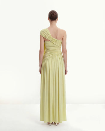 Gerüschtes One-Shoulder Maxikleid mit Schleppe - Grün
