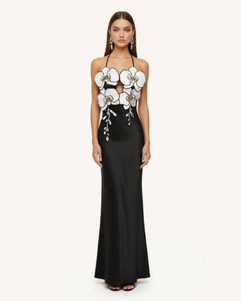 Orchideenbesticktes Kleid – Schwarz/Weiß