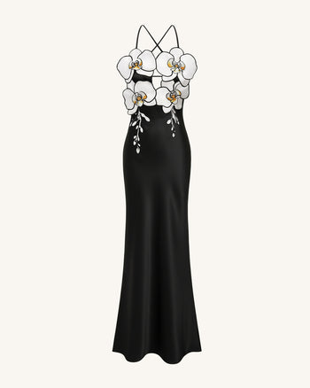 Orchideenbesticktes Kleid – Schwarz/Weiß