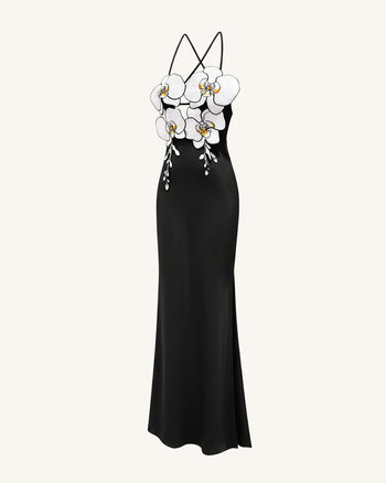 Orchideenbesticktes Kleid – Schwarz/Weiß