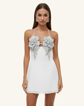 Blumenbesticktes Minikleid - Weiß