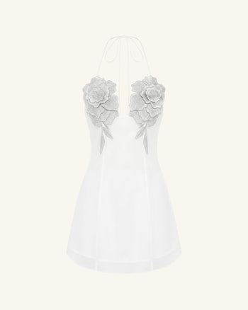 Blumenbesticktes Minikleid - Weiß