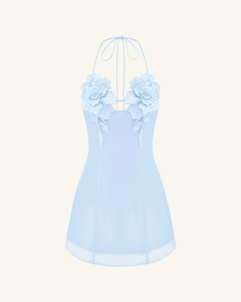 Blumenbesticktes Minikleid - Blau